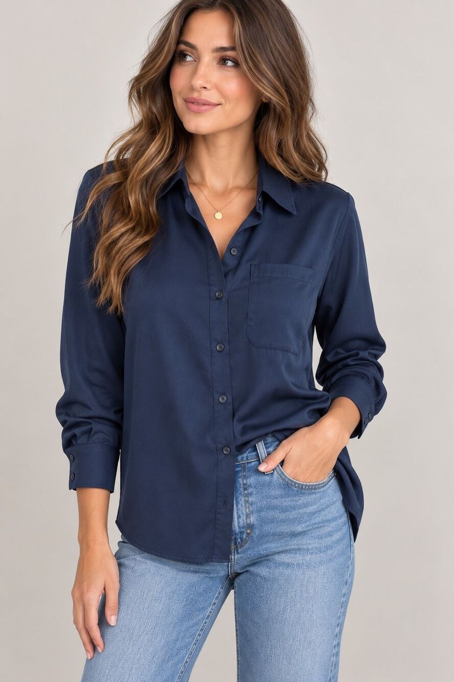Open Edit Navy Blue Button Down Blouse Medium Long Sleeve Satin Look office
